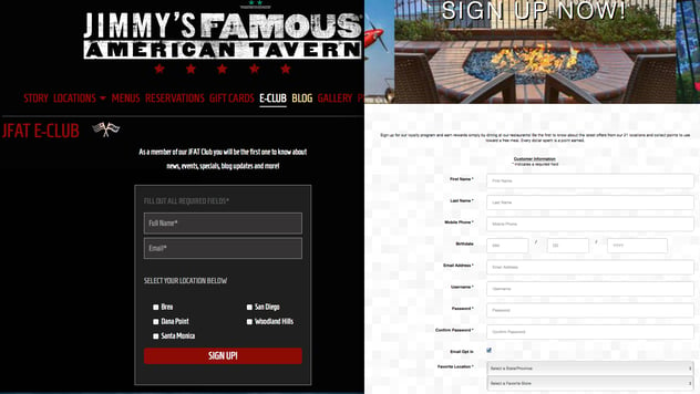 E-Club and Loyalty Program Sign Up page for jimmys tavern