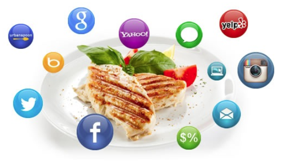 social media icons over a food