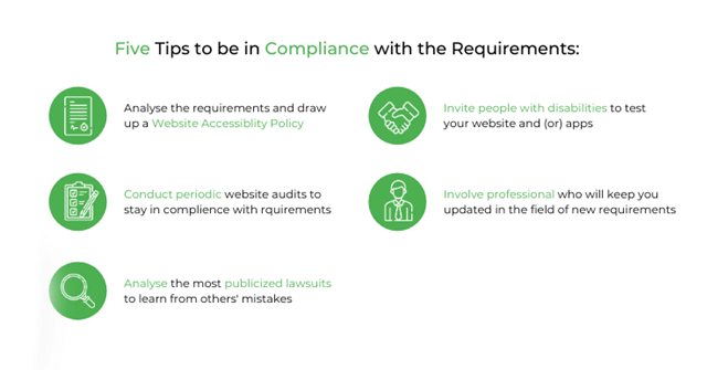 Five tips to be in compliance. 1) Analyse the requirements and draw up a Website Accessibility Policy, 2) invite people with disabilities to test your website or app, 3) conduct periodic website audits to stay in compliance, 4) involve professionals who can keep you updated on new requirements, and 5) analyse the most publicized lawsuits to learn from others' mistakes.