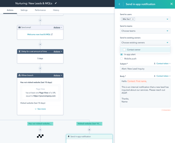 Screenshot of a Hubspot workflow for lead generation that sends notification to sales. Courtesy of Hubspot.