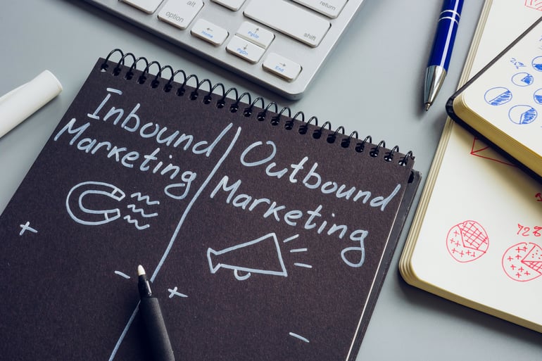 notebook with writing and drawings: inbound marketing plus magnet drawing to the left; outbound marketing with drawing of megaphone to the right.