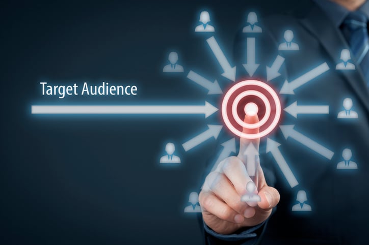 Hand of business executive with point finger on top of target illustration. Icons of people are around target with arrows pointing towards target.