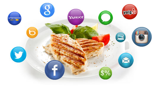 social media icons with a food on table