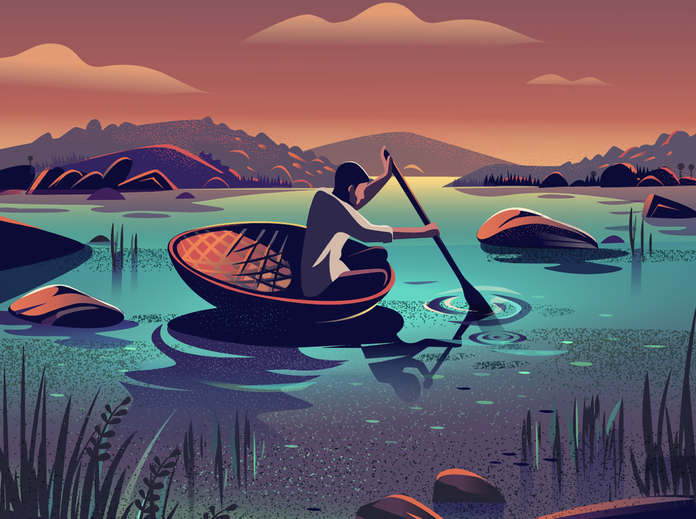 A man on a small boat paddling towards the river, with rocks and mountain as a background.,