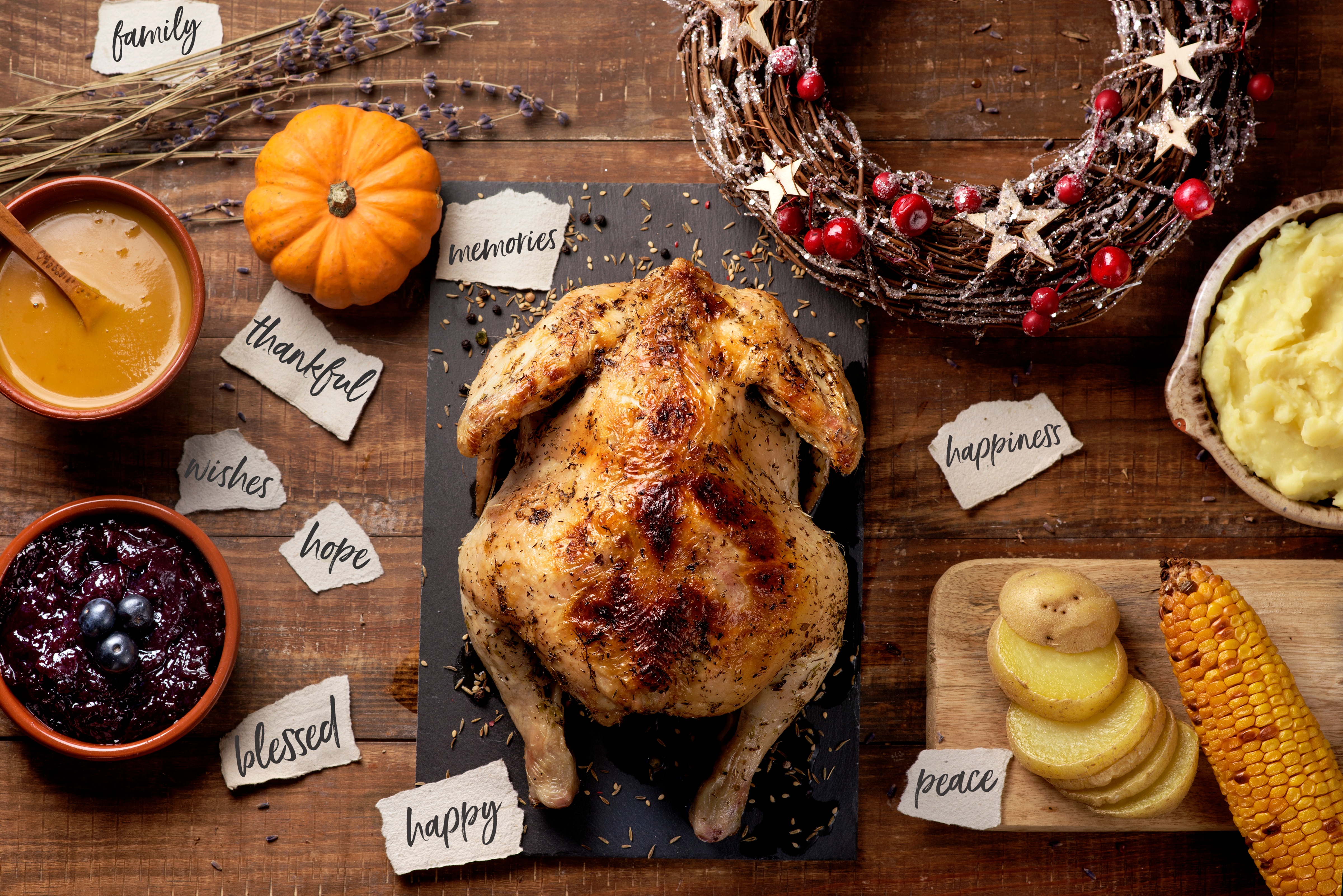 Thanksgiving table with chicken and other stuff 