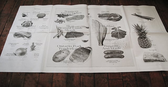 an print of different kind of fruit meat and veggies in one newspaper like 