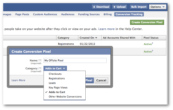 Facebook create conversion pixel add to cart label