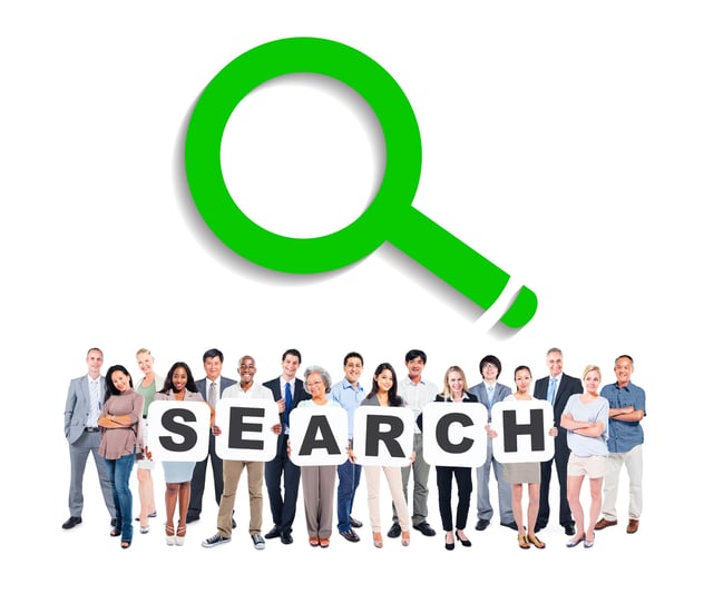 Search team photo with a big search logo on top of them
