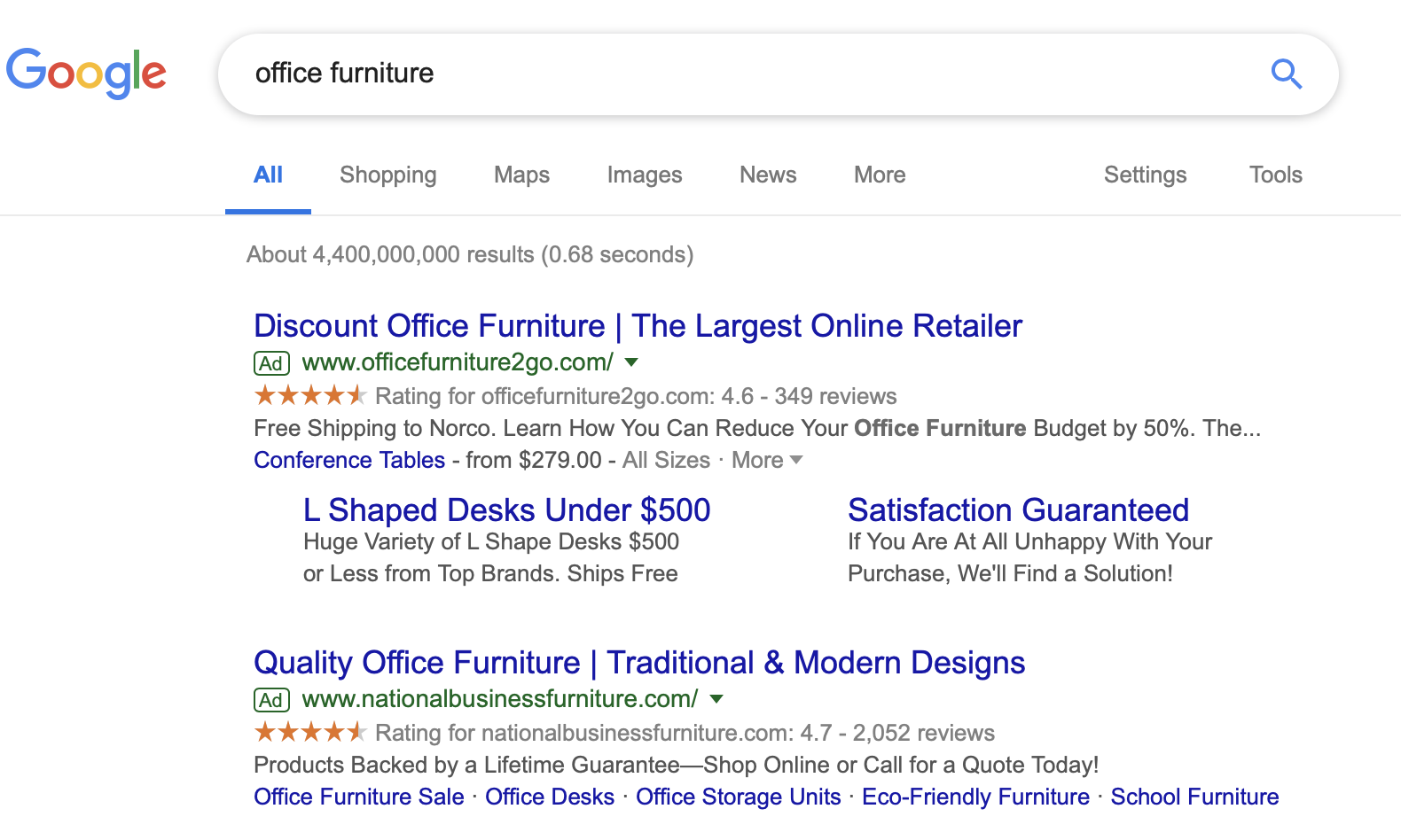 blow up image of a google search page for office furniture