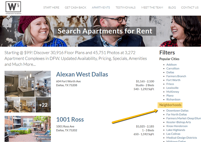 example of apartments search results page